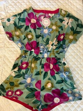 Umgee Floral Mint Green Romper with Magenta & Olive Flowers